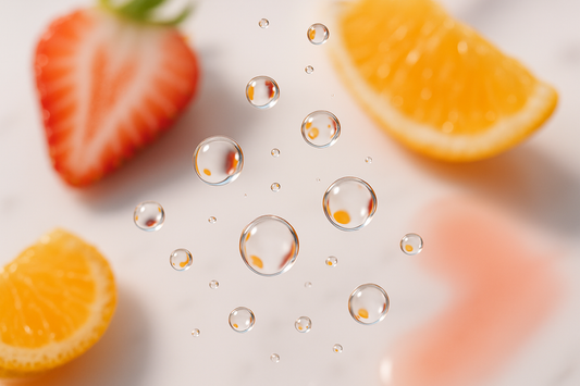 Abstract close-up of water droplets with subtle hints of strawberry and citrus fruit slices, symbolizing fresh and flavored lubricants.
