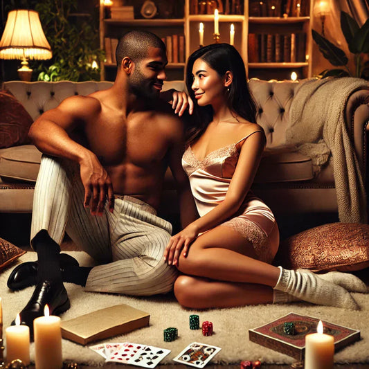 A warm, playful, and slightly sexy scene of a bi-racial romantic couple in their early thirties seated on a plush living room rug, surrounded by candles