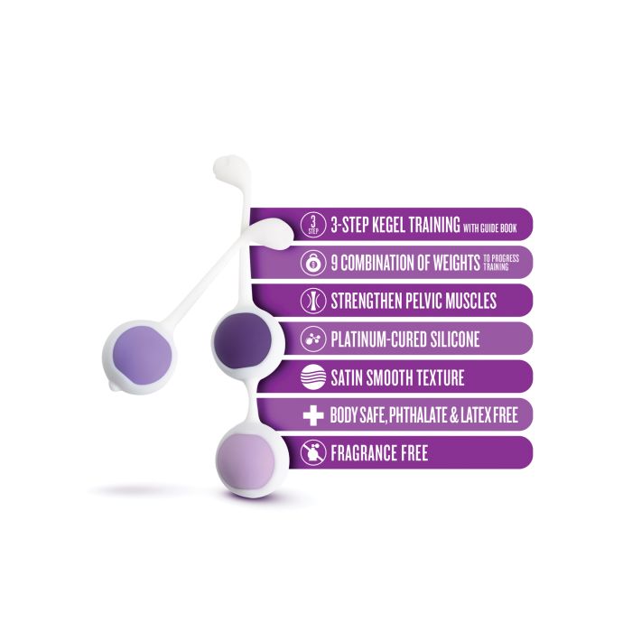 Three pairs of purple Kegel balls from the Wellness 3 Step Kegel Training Kit, made of body-safe Ultrasilk™ Smooth and Puria™ Platinum-Cured Silicone, free from fragrances, phthalates, paraffin, and latex, designed for progressive pelvic floor strengthening and comfort.