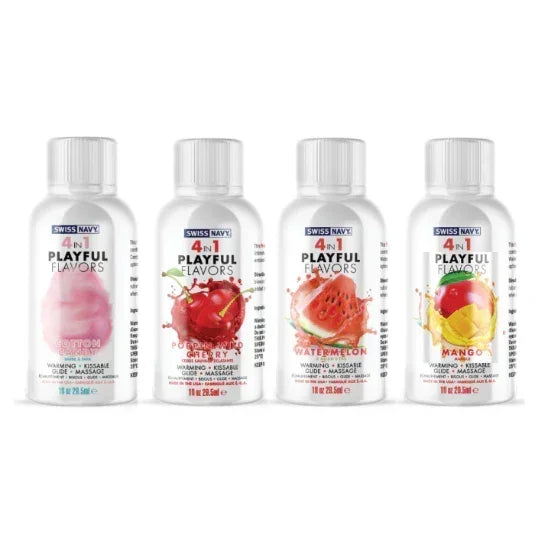 Four bottles of 4 in 1 Playful Flavors Warming Kissable Massage Lubricant in Juicy Mango, Poppin Cherry, Cotton Candy, and Watermelon, arranged for display with colorful labels, representing a travel-sized, edible, warming massage and lubricant set.