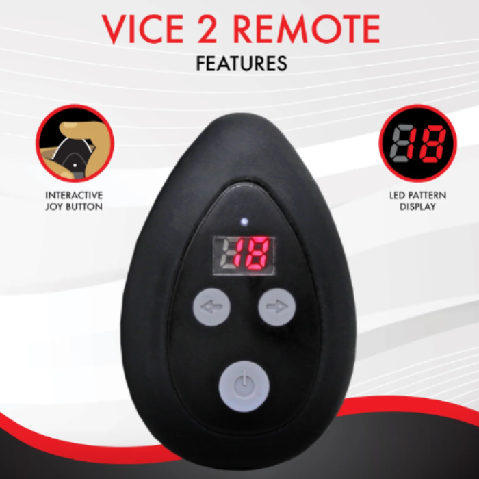 Close up of the remote to the Aneros Vice 2 prostate stimulator displaying the features of the interactive joy button and the LED display showing 18 vibration patterns