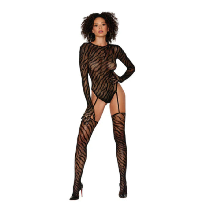 Back view of Animal Print Fishnet Suspender Bodystocking showing sexy keyhole detail and thong design