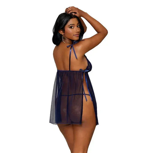 Royal blue sheer babydoll with functional bow ties on shoulders and sides, backlview - Pure Romance, size 2X