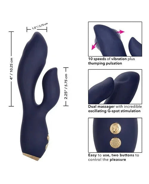 Close-up detail of Chic Blossom vibrator highlighting the measurements, smooth silicone texture, dual massager, 10 speeds, and easy to use gold control buttons