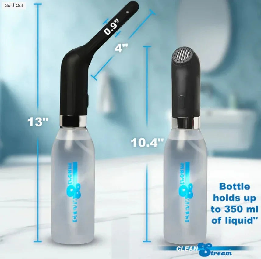 CleanStream Automatic Travel Enema set with two nozzle options. Overall length with the flat nozzle is 10.4in, and with the long nozzle is 13in. The long nozzle offers an insertable length of 4in and a widest insertable diameter of 0.9in. The refillable bottle holds up to 350ml. Lightweight, USB rechargeable, and travel-friendly design