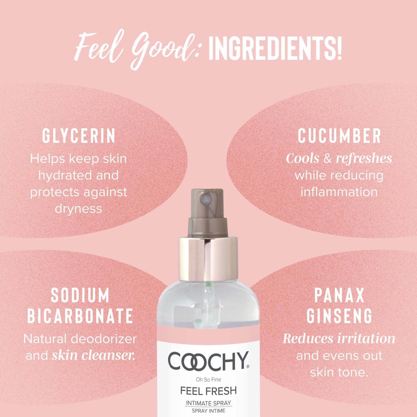 Coochy intimate feminine spray with ingredient information on a pink background