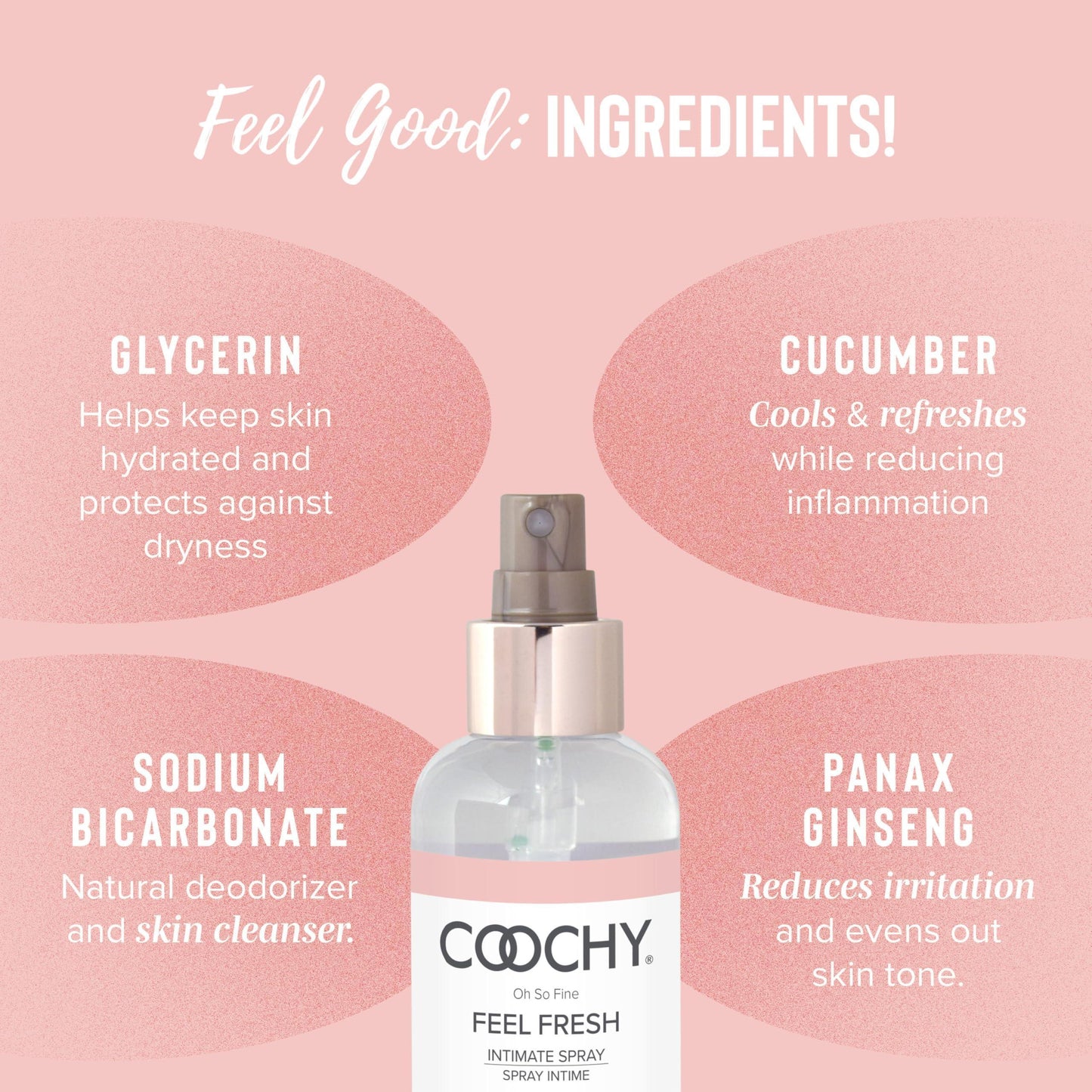 Coochy intimate feminine spray with ingredient information on a pink background