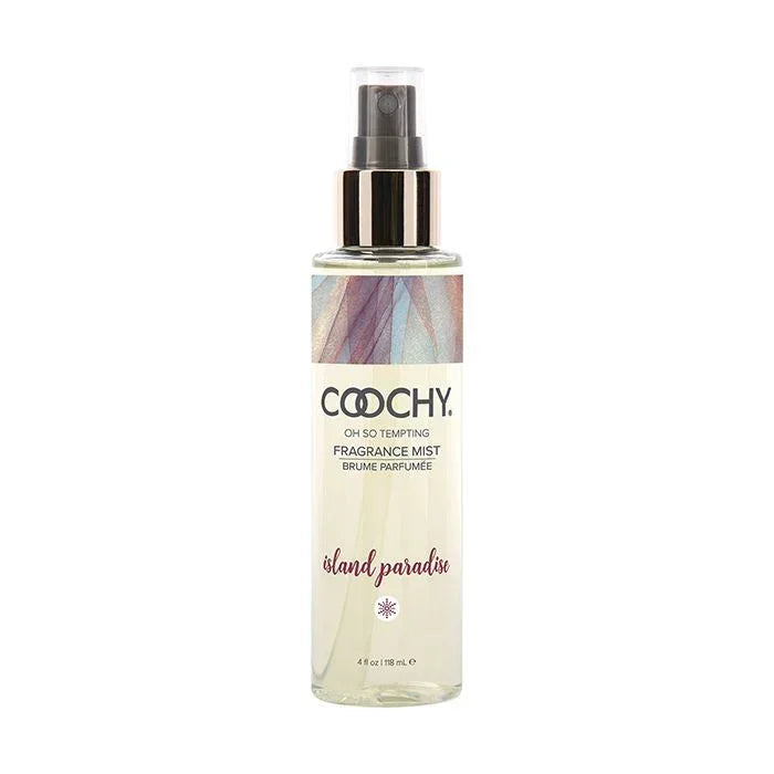 A 4 oz bottle spray bottle of Coochy fragrance mist labeled Island Paradise with a tropical design, indicating the scent of acai berries and mangosteen.