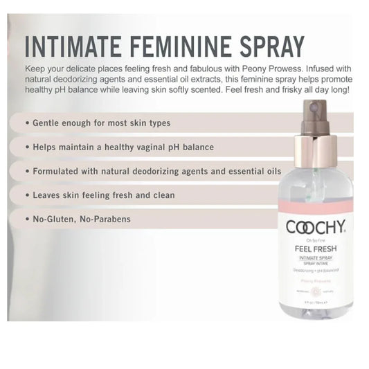 Coochy intimate feminine spray with product features on a white background