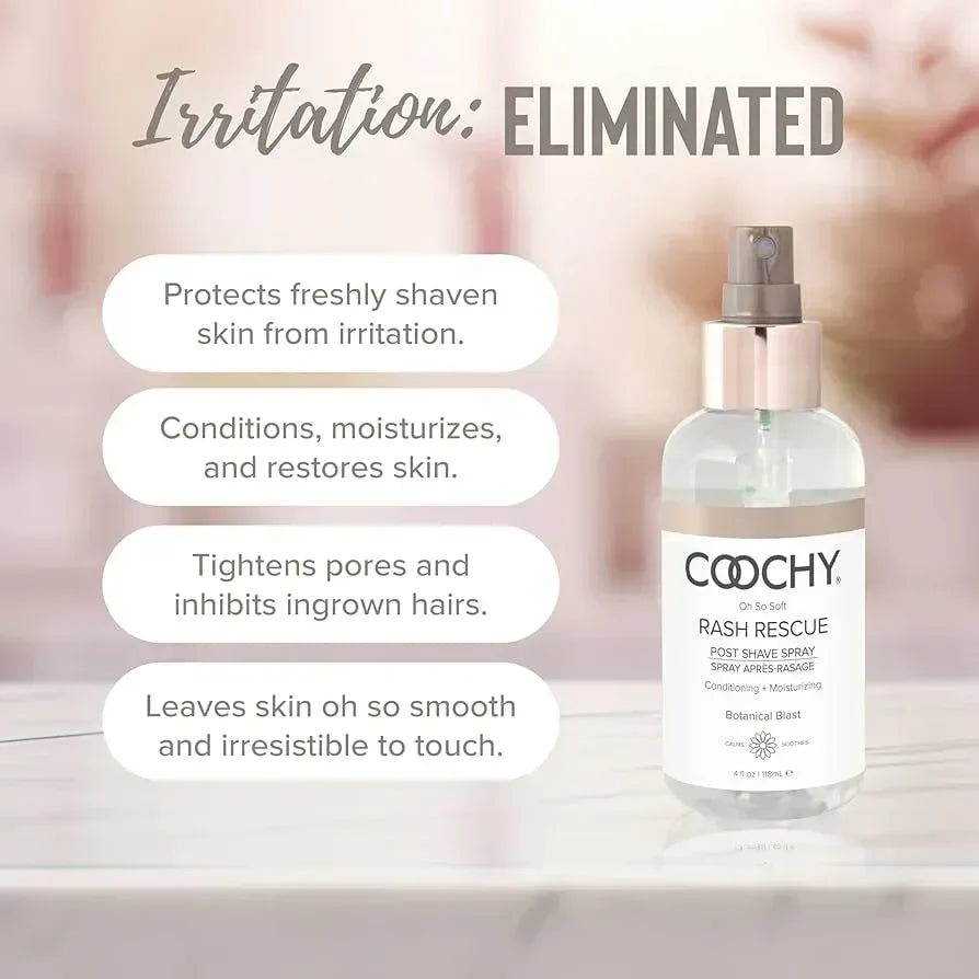 COOCHY Rash Rescue post shave spray bottle with text highlighting its benefits on a blurred background