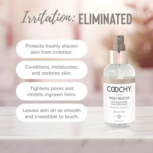 Coochy Rash Rescue After Shave Spray eliminates irritation - protects freshly shaven skin conditions moisturizes tightens pores inhibits ingrown hairs leaves skin smooth