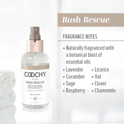 Coochy Rash Rescue After Shave Protection Mist fragrance notes - botanical blend with lavender cucumber sage raspberry licorice oat clover chamomile