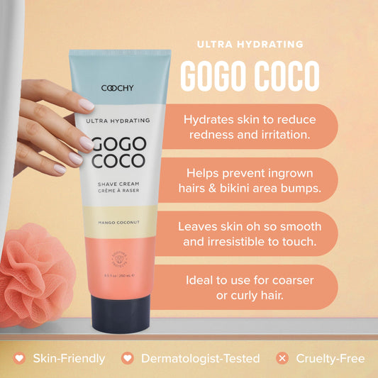 Coochy Ultra Hydrating GoGo CoCo Shave Cream benefits - hydrates skin reduces irritation prevents ingrown hairs ideal for coarse curly hair dermatologist-tested cruelty-free