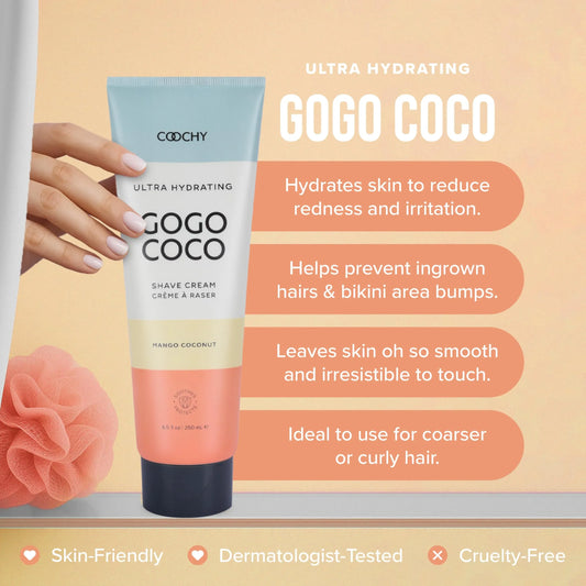 Coochy Ultra Hydrating GoGo CoCo Shave Cream benefits - hydrates skin reduces irritation prevents ingrown hairs ideal for coarse curly hair dermatologist-tested cruelty-free