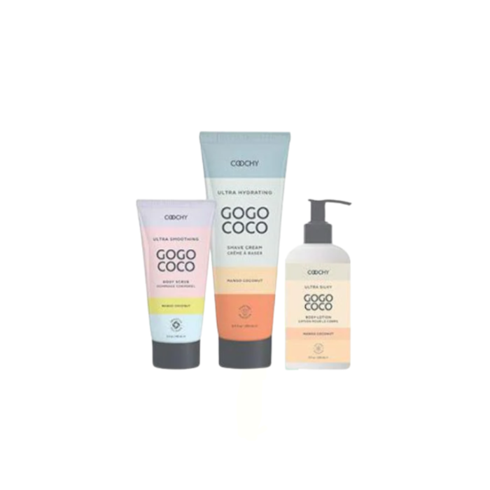 Coochy Ultra Shave Collection full set in Mango Coconut scent on white background
