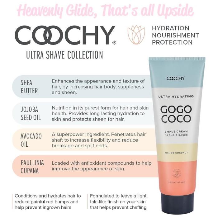 Coochy Ultra Hydrating GoGo CoCo Shave Cream with product features on packaging, Mango Coconut scent