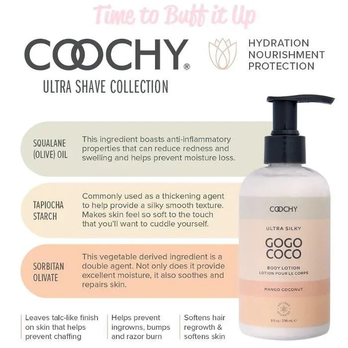 Coochy Ultra Silky GoGo CoCo Body Lotion with product features on label, Mango Coconut scent