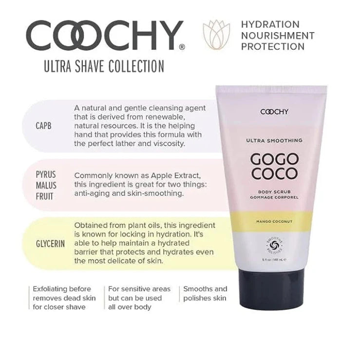 Coochy Ultra Smoothing GoGo CoCo Body Scrub with product features on label, Mango Coconut scent