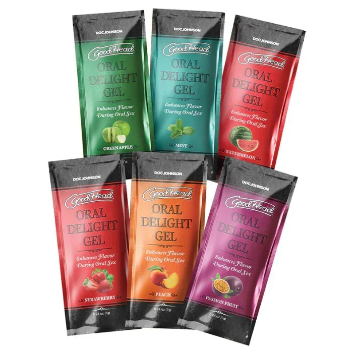 Doc Johnson GoodHead Multi-Flavor Classic 6-Pack with individual single-use packets of Green Apple, Passion Fruit, Peach, Watermelon, Sweet Strawberry, and Mint flavor on white background