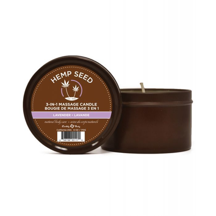 Earthly Body Lavender 3 in 1 massage candle in made of hemp seed oil, in a brown tin container with a wooden spoon for dispensing.