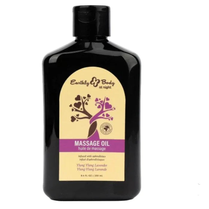 Earthly Body At Night Aphrodisiac Massage Oil Ylang Ylang Lavender scent 8.4 oz bottle nourishing hemp seed oil for sensual massages