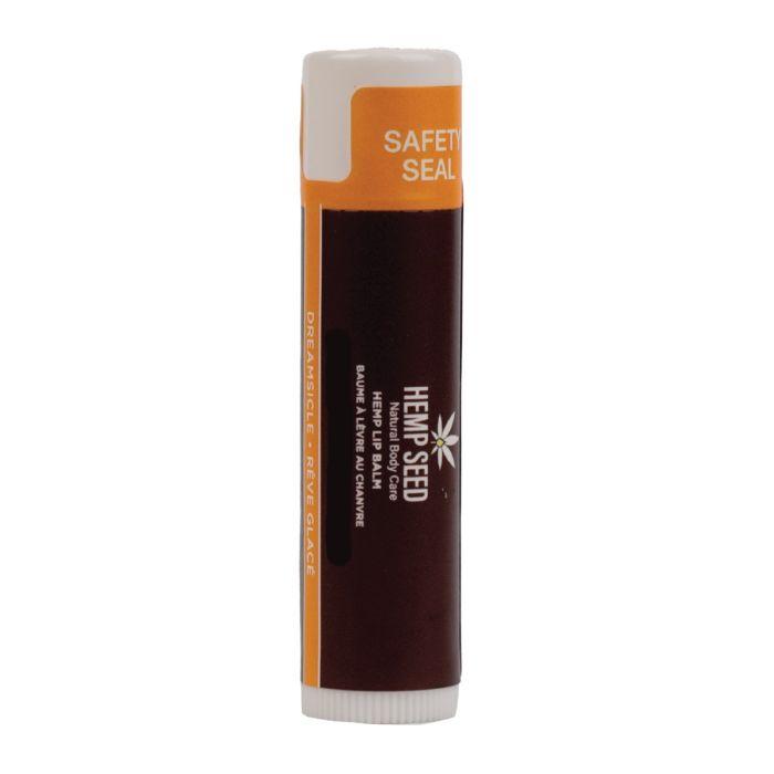 Dreamsicle hemp seed lip balm stick featuring tangerine and plum, nourishing and natural