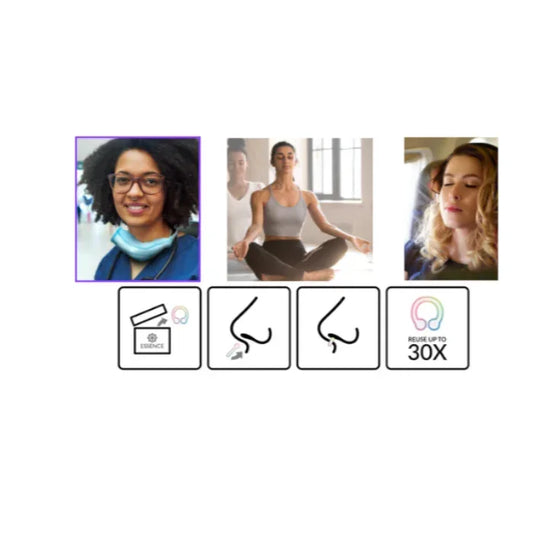 photos of 3 different women using the essence ring one is wearing it in the hospital, and another is meditating in yoga class and the last photo is of a women wearing it on a plane while traveling