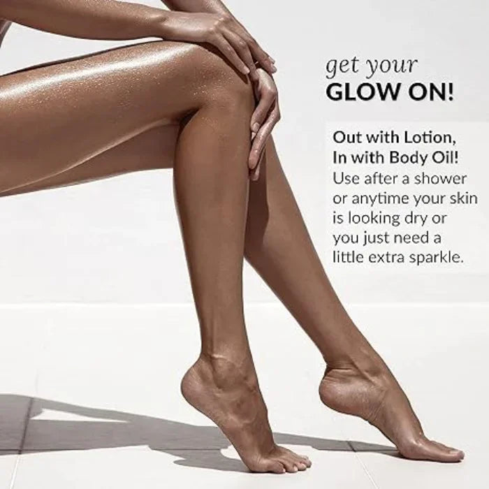 Exsens Glam Oil Glitter Body Oil shown on legs of a woman