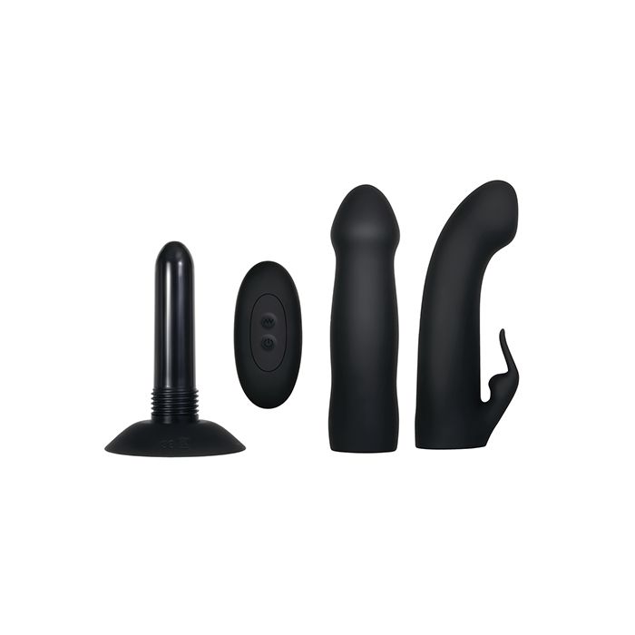 Complete Heavenly Harness kit components: rechargeable vibrator with suction cup base, wireless remote control, traditional sleeve, and G-spot rabbit sleeve