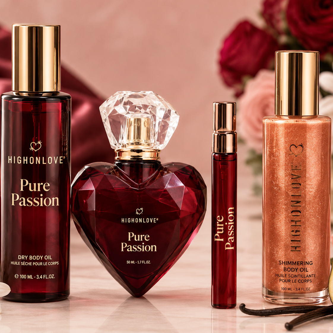 HighOnLove Pure Passion collection featuring luxury vegan Eau de Parfum, travel perfume, dry body oil, and shimmering body oil with roses, jasmine flowers, vanilla pods, and fig.