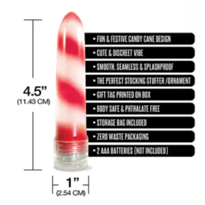 Holiday Vibes vibrator measuring approximately 4 inches in length and 1.25 inches in diameter, featuring body-safe seamless material, splashproof design, powerful vibrations, and travel-friendly compact size.