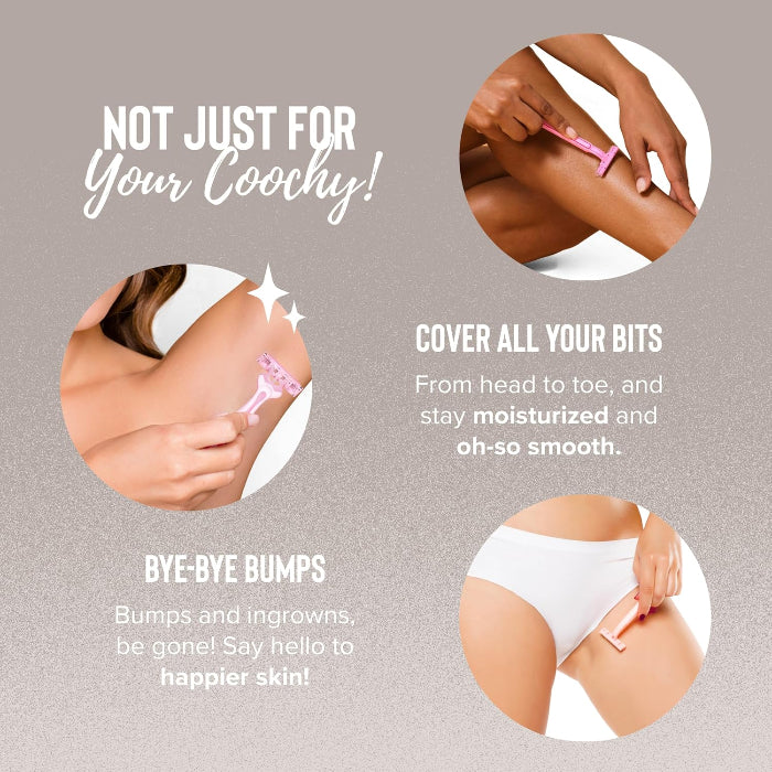 COOCHY Shave Cream lifestyle image showing women shaving legs, underarms, and bikini area for a smooth, moisturized shave with fewer razor bumps and ingrown hairs.