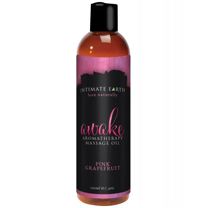 Intimate Earth Awaken Pink Grapefruit organic aromatherapy massage and body oil bottle – pure vegan, non-greasy formula for sensual massage and daily moisturizing.