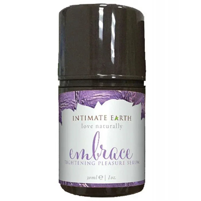 A bottle of Intimate Earth Embrace Vaginal Tightening Pleasure Gel with a purple label.