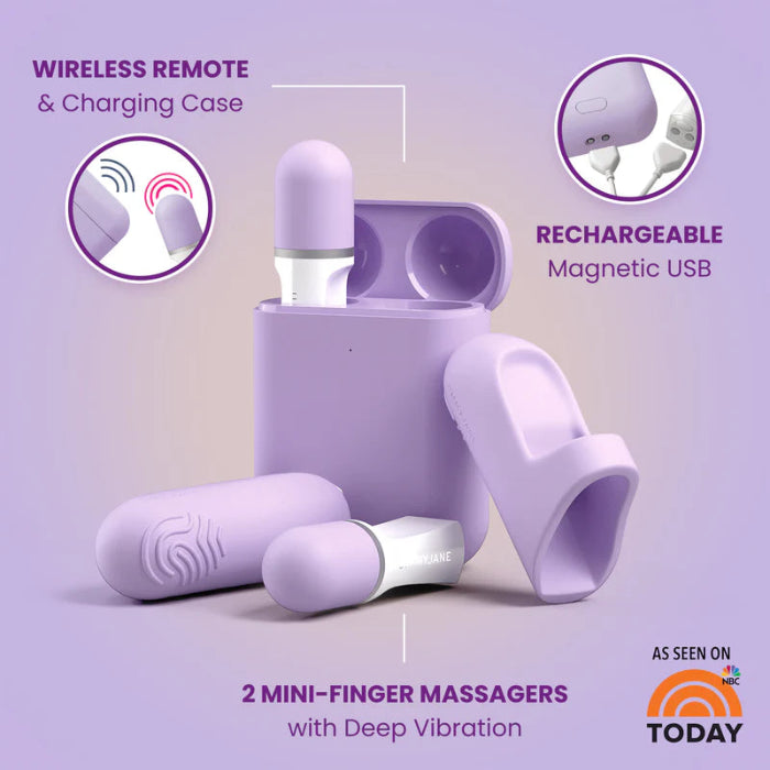 Purple Hello Touch Pro mini-finger massagers with charging case on a light purple background with features listed