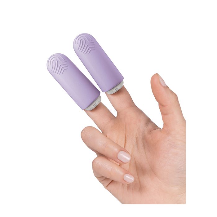 Close-up of Hello Touch Pro Finger Vibrators slipped onto fingertips for precise stimulation