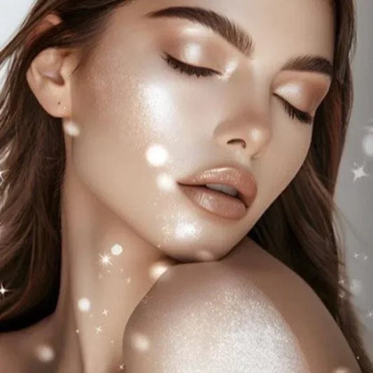 Close-up of silver diamond dust shimmer powder showing fine, sparkling texture on a woman