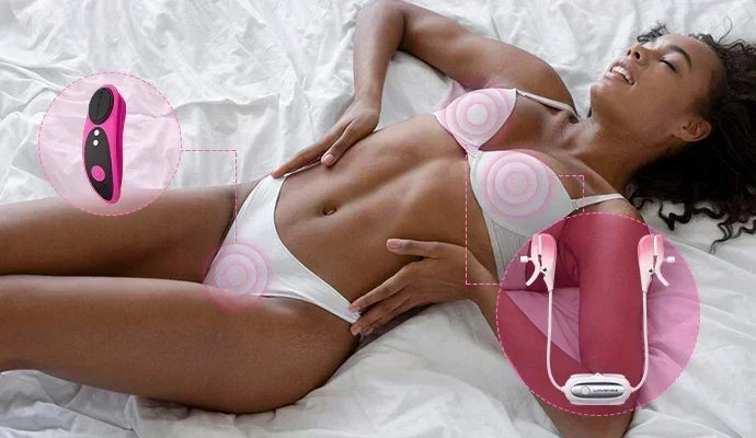 Woman in white bra and panty set using Lovense Ferri panty vibrator and Gemini vbirating nipple clamps on her back with close-up insets of the device.