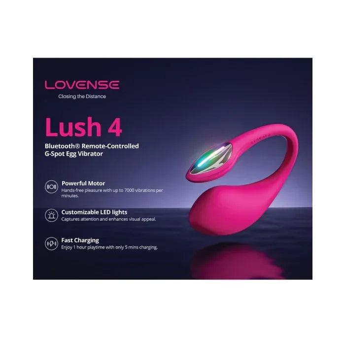 Showing the features of the Lovense Lush 4 Bluetooth remote controlled G-spot vibrator with ergonomic curved design