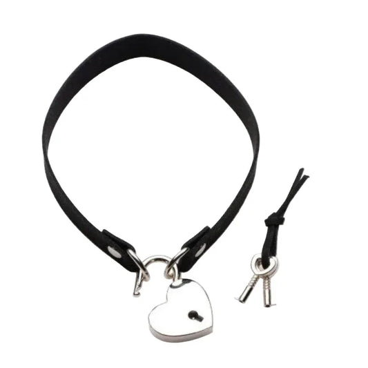 Lock-It Heart Choker with opened heart padlock and set of keys beside it on white background.