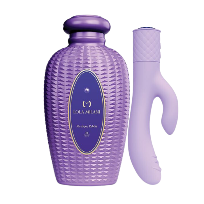 Mystique in a Bottle Rabbit by Maia Toys - classic rabbit vibrator displayed with discreet liquor bottle case