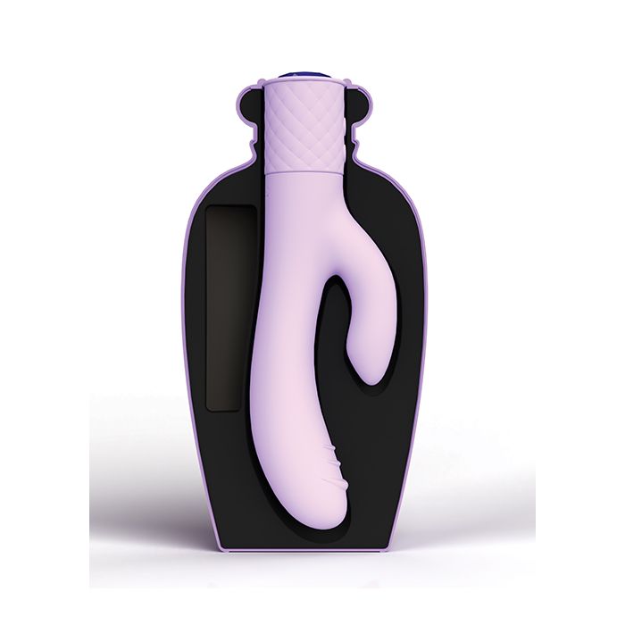 Waterproof silicone Mistyque Rabbit with USB charging cord and gem-accented base shown inside the bottle storage box