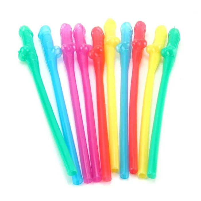 Colorful party pecker straws in assorted neon colors - bachelorette party novelty drinking straws 10 pack