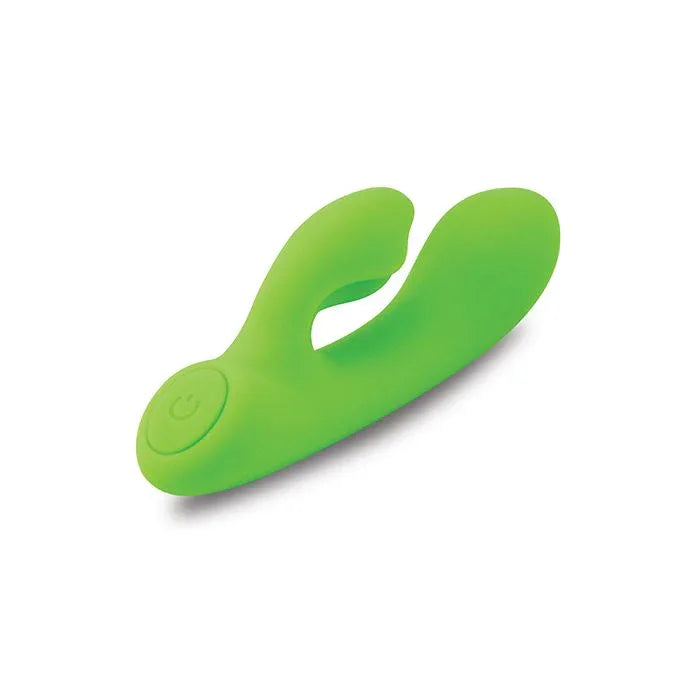 Close-up of Nubii Jolie warming mini rabbit by Nu Sensuelle, flexible dual-motor design in blue for blended pleasure