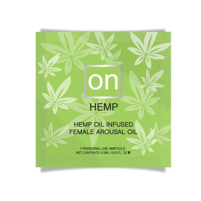 Sensuva ON Hemp Arousal Oil single-use ampoule packet with herbal ingredients; travel friendly on white background