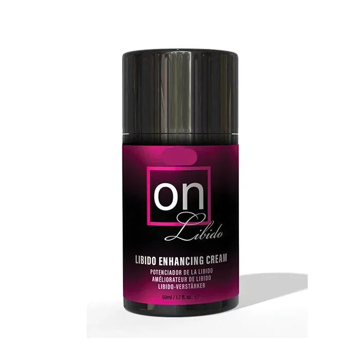 ON Libido for Her hormone-balancing cream in an airless pump bottle, designed to naturally boost female libido, arousal, and provide menopause relief