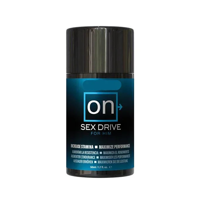 ON Sex Drive for Him cream in an airless pump bottle, formulated with natural botanicals to boost male libido, stamina, and testosterone levels.