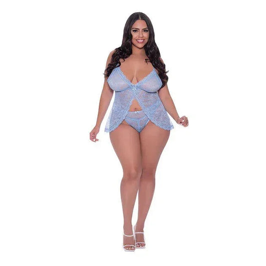 Flowy Periwinkle Lace Babydoll with Crotchless Thong in Queen size