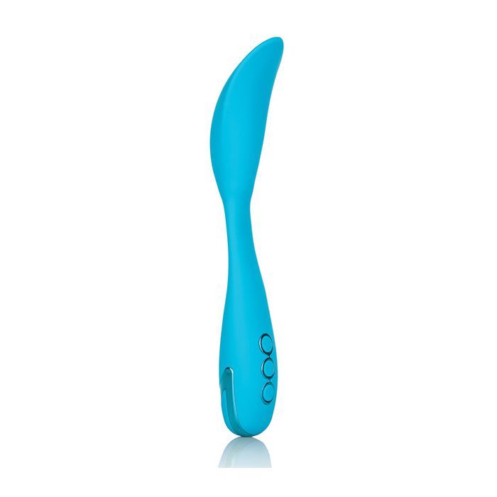 Flexible, waterproof Palm Springs Pleaser massager in turquoise blue silicone, shown fully extended on white background.