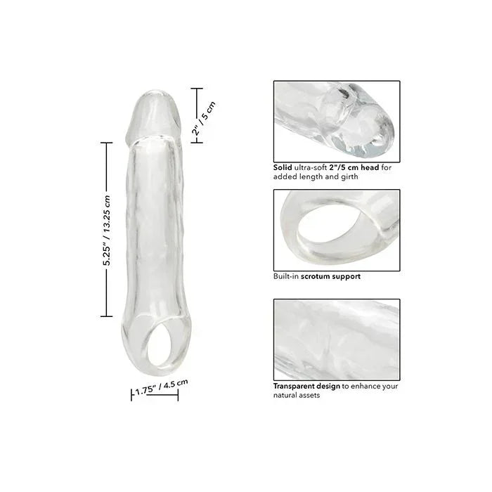 Measurements and closeup views for 7.5 inch penis extender, body-safe and waterproof adult toy